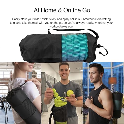 321 STRONG Foam Roller Set with: Hollow Core Roller, Muscle Roller Stick, Stretching Strap, Spikey Ball, Quick Start Guide, Carry Bag, and 4K eBook - color: Soft Teal