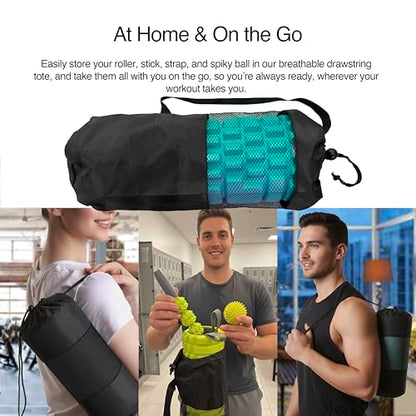 321 STRONG Foam Roller Set with: Hollow Core Roller, Muscle Roller Stick, Stretching Strap, Spikey Ball, Quick Start Guide, Carry Bag, and 4K eBook - color: Soft Teal