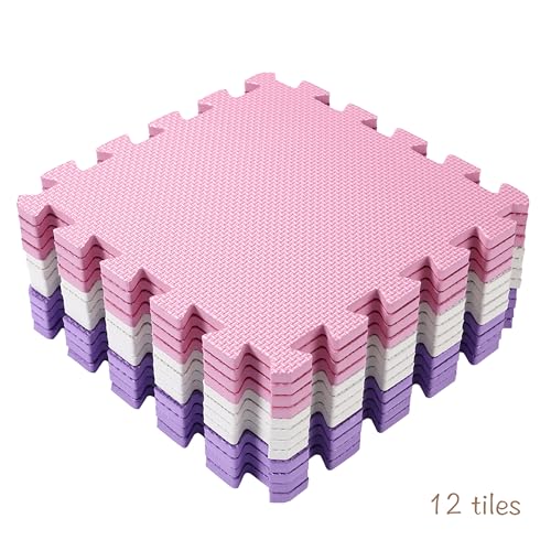 Easy Playhouse: 12 Soft Foam Floor Puzzle Tiles - Pink-Purple-White - 12" Interlocking Mat Pieces (4'x3'), Nursery, Playroom, Gym, Children & Adults