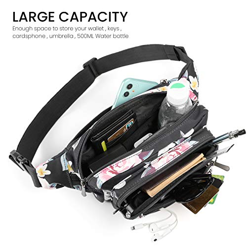 CXWMZY Fanny Packs For Women & Men Waist Pack Hip Bum Bag with Multi-Pockets Large Capacity Waterproof Casual Bum Bag for Disney Traveling Casual Cycling Running Hiking - color: Black_Flower