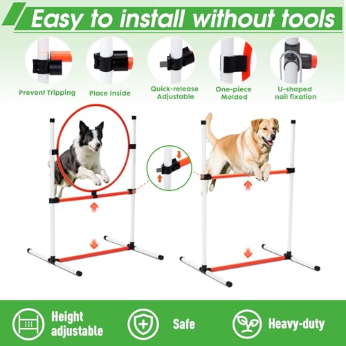 Dog Agility Course Backyard Set, Dog Agility Equipment, Pet obstacle Course Backyard with 6 Dual Mode Weave Poles, 2 Adjustable Hurdle, Jump Ring, Tunnel, Pause Box, Toy Balls and 2 Carrying Bags - size: 15 PCS SET