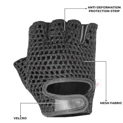 Leather Padded Crochet Back Breathable Fingerless Weight Lifting, Cycling Workout Gloves, Black (Large)