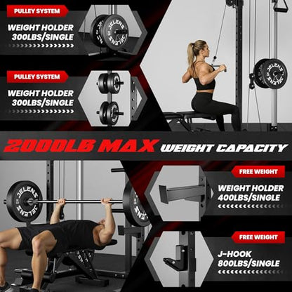 C21 Power Cage, 2000LBS Multi-Function Power Rack with Independent Dual Pulley System, All-in-One Squat Rack for Cable Crossover, Home Gym Workout Machine