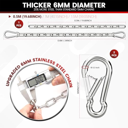 1000LB Heavy Duty Hanging Swing Chain, 6mm Thick 304 Stainless Steel Hanging Chain with 2 Carabiners, 25" Hardware Kit for Hammock, Hanging Chair, Punching Bags, Tree, Indoor & Outdoor