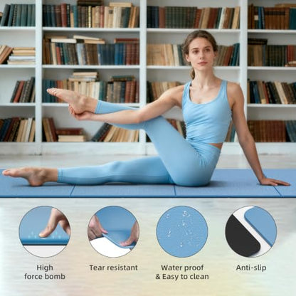 Foldable TPE Yoga Mat Thick 10mm,75" x40"Extra Large Exercise Mats - color: Blue
