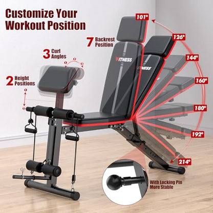 XDDIAS Adjustable Weight Bench, Workout Bench with Leg Extension and Preacher Curl Pad, Weight Bench for Home Gym, Foldable Exercise Bench, Quick Adjustment Incline Bench Press - color: Black A+a pair of 55LB Dumbbells