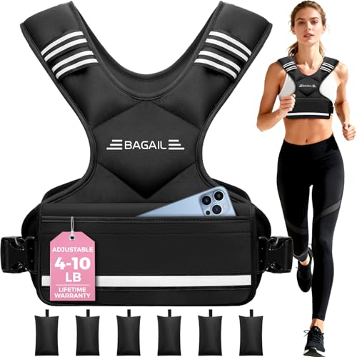 BAGAIL Adjustable Weighted Vest for Women 4-10lb/12-18lb/20-32lb, Comfortable U-Neck Rucking Vest with 6 Removable Weights, Storage Pocket and Reflective Strips for Walking, Jogging, Weight Loss - color: Black, size: 4-10 Lb