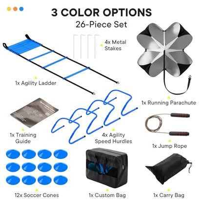 OLIXIS Agility Speed Training Equipment, 20 ft Speed Ladder, 12 Soccer Cones, 4 Agility Hurdles, Jump Rope, Resistance Parachute with Carry Bag, Training Equipment Set for Kids, Youth, Adults, Bule