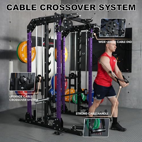 Smith Machine, 2600LBS Squat Rack, 7-in-1 Home Gym Cage with Adjustable Safety Bars, Pull-Up & LAT Pulldown - color: Purple, size: P107 Only Smith Machine