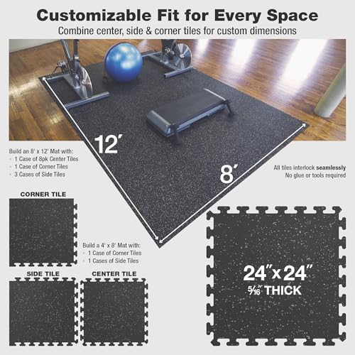 Matter Flex 100% Rubber Floor Mats - Recycled Rubber Gym Flooring for Home Gym, Interlocking Exercise Tiles, Made in The USA, Gym Tiles, Corner (4 tiles/16 Sq. Ft.), Black with Red Speck