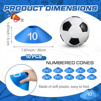 10 Pcs Numbered Sports Disc Cones 1-10 Soccer Cones with Mesh Carry Bag Flexible Agility Cones Soft Field Cones for Gym PE Classes School Activities Games, Sports Training Equipment