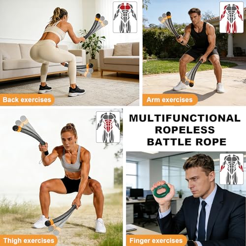 2PCS Weighted Ropeless Battle Ropes for Home Gym, Heavy Duty Portable Cordless Battle Rope with 2 Grip Strengtheners & Poster, Quiet Battle Rope Sticks for HIIT, Strength & Cardio Men & Women