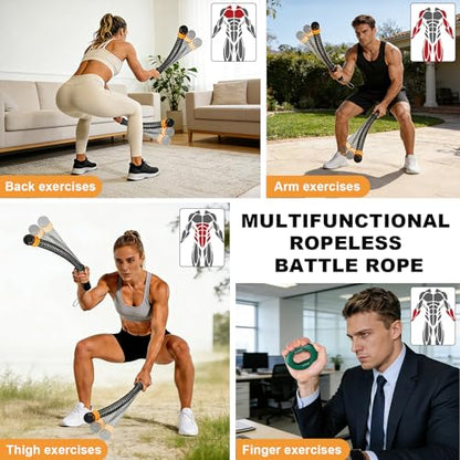 2PCS Weighted Ropeless Battle Ropes for Home Gym, Heavy Duty Portable Cordless Battle Rope with 2 Grip Strengtheners & Poster, Quiet Battle Rope Sticks for HIIT, Strength & Cardio Men & Women