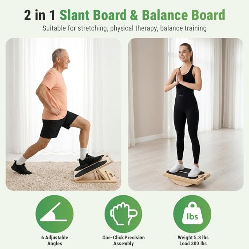 Wooden Slant Board, 2-in-1 Adjustable Calf Stretcher, 300lb