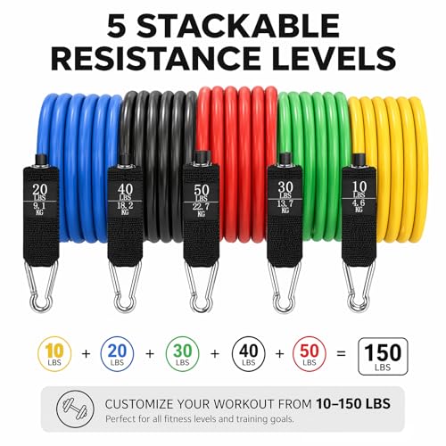 Resistance Bands Set, Exercise Bands with Handles, Door Anchor and Ankle Straps, 5 Stackable Workout Bands Up to 150 lbs, Resistance Bands for Working Out, Physical Therapy, Home Gym for Men and Women