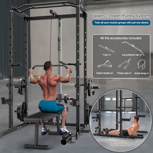 Power Cage, Multi-Functional Power Rack with J-Hooks, Dip Handles, Landmine Attachment and Optional Cable Pulley System for Home Gym - size: 150LB Weights Package black+Flat Bench