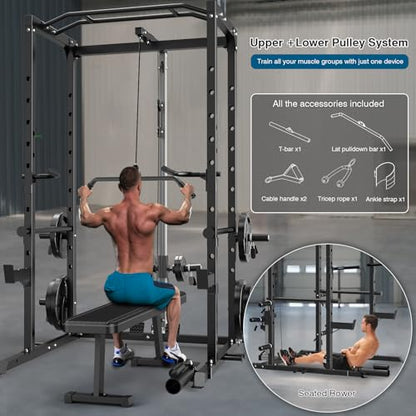 Power Cage, Multi-Functional Power Rack with J-Hooks, Dip Handles, Landmine Attachment and Optional Cable Pulley System for Home Gym - size: 150LB Weights Package black+Flat Bench