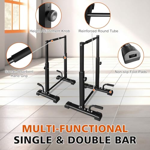 Adjustable Dip Station - 1200 Lbs Capacity Multi-Functional Workout Bar with 6 Height Levels (36.6"-46") for Home Gym Fitness Training, Pull Ups, Dips & Bodyweight Exercises, Black