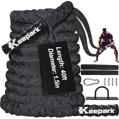 Battle Ropes for Home Gym Exercise - 1.5 Inch Diameter 40FT Length Workout Rope Training Exercise Ropes with Protective Sleeve, Heavy Battle Rope for Workout Exercise Fitness & Strength Training - style: 1.5IN-40FT