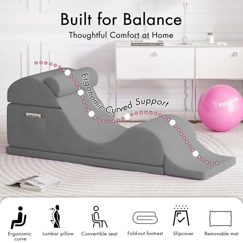 Convertible Yoga Chair for Adults, Ergonomic Foam Lounge with Lumbar Pillow, Washable Cover, Side Pocket, No Assembly Needed – Great for Exercise, Stretching & Relaxation Gray - color: Grey