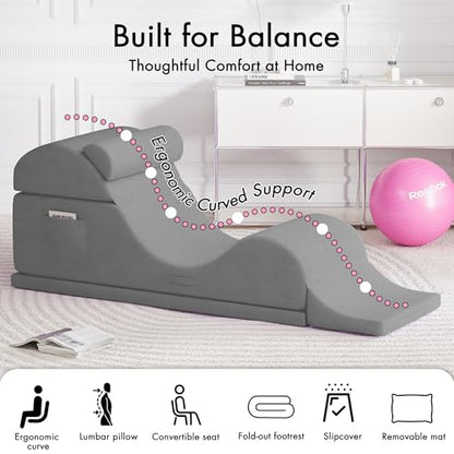 Convertible Yoga Chair for Adults, Ergonomic Foam Lounge with Lumbar Pillow, Washable Cover, Side Pocket, No Assembly Needed – Great for Exercise, Stretching & Relaxation Gray - color: Grey