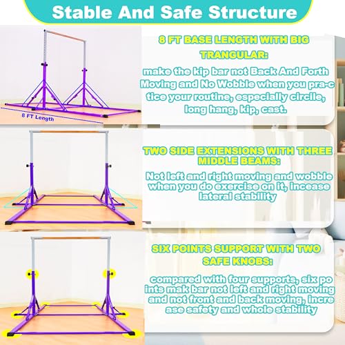 MARFULA Gymnastic Kip Bar for Kids Teens Ages 3-25 of All Gymnastic Levels - color: Purple (Bar with Mat - 8 Ft Base)