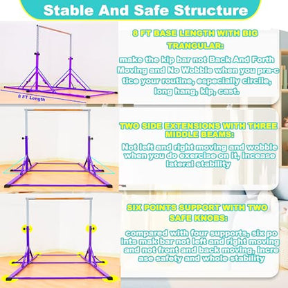MARFULA Gymnastic Kip Bar for Kids Teens Ages 3-25 of All Gymnastic Levels - color: Purple (Bar with Mat - 8 Ft Base)