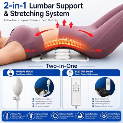BREEV® Back Stretcher with EMS Electric Pulse Massage, Lumbar Support for Lower Back Pain Relief, Adjustable Spine Decompression Device, 108 Acupressure Nodes & Remote Control