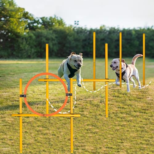TNZMART 2.6 FT Dog Agility Obstacle Course Backyard Set with Wave Poles, Adjustable Hurdles and Jump Ring, Training Exercise Equipment for Dogs (Pack of 6 Yellow)