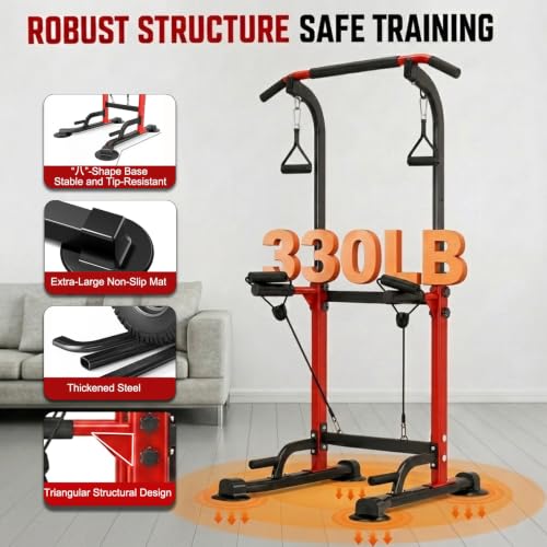 Power Tower Pull Up Bar,Pull-Up Rack Dip Station,Height Adjustable Multi-functional Home Strength Training Gym Equipment, Save Space,People Below 6 feet - color: Red