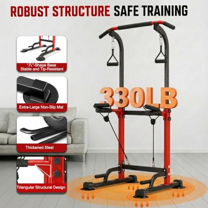 Power Tower Pull Up Bar,Pull-Up Rack Dip Station,Height Adjustable Multi-functional Home Strength Training Gym Equipment, Save Space,People Below 6 feet - color: Red