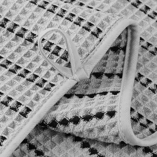 POLYTE 430 GSM Poly Blend Microfiber Quick Dry Waffle Hand Towel, 16x30 in - color: Light Gray/Black