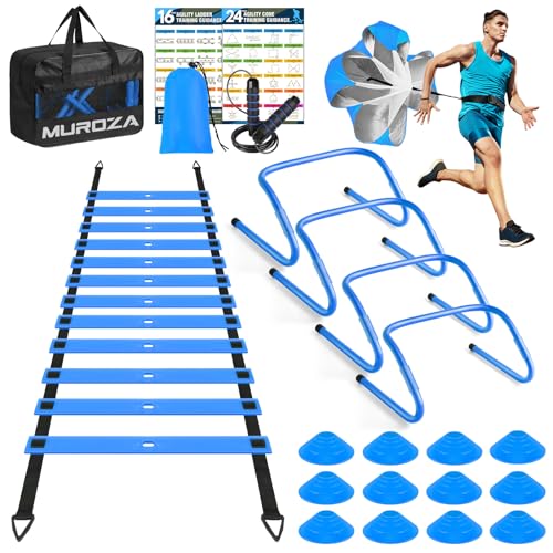 Agility Ladder, Agility Speed Training Equipment Set, 20ft Speed Ladder, 12 Soccer Cones, 4 Hurdles, Jump Rope, Running Parachute, Soccer Football Basketball Training Equipment Accessories - color: Blue