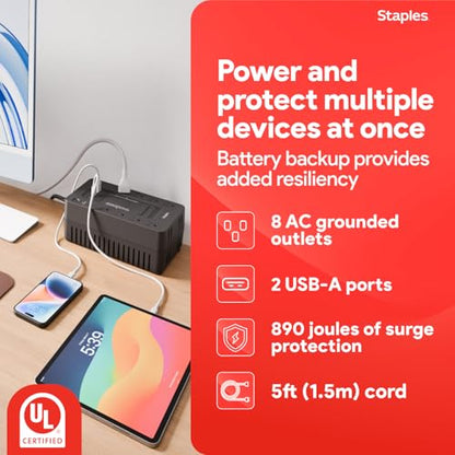 Staples TECH 650VA UPS Battery Backup, 8 Outlets, Surge Protection, Black