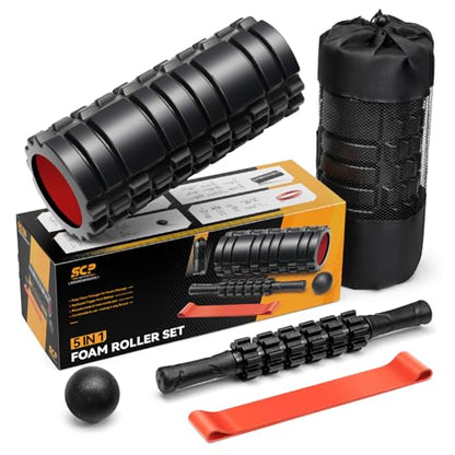 5 in1 Foam Roller Set, Trigger Point Foam Roller, Massage Roller Stick, Massage Ball, Resistance Band for Deep Muscle Massage Pilates Yoga,Fitness Exercise for Whole Body (Black-Red) - color: Black-red