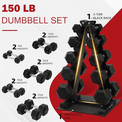 150 lb Dumbbell Set with Rack – 5/10/15/20/25 lb Pairs, Rubber Hex Weights for Home Gym, Cast Iron A-Frame Storage Stand for Full-Body Workout