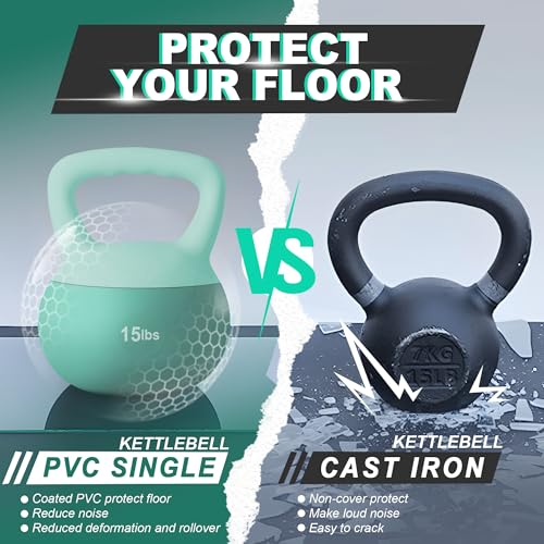 DlandHome Kettlebell Weights Strength Training Kettlebell-Great for Full Body Workout and Strength Training,Easy Grip Handle,PVC Filled with Iron Sand - color: Mint Green-15lbs