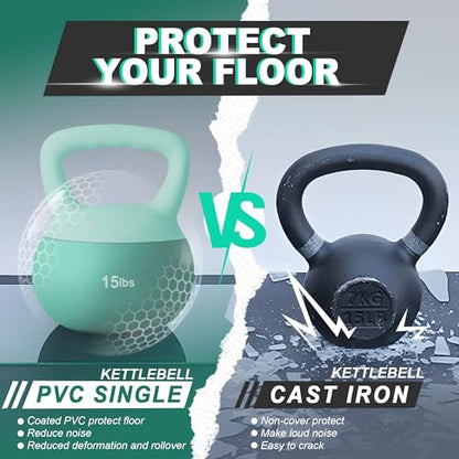 DlandHome Kettlebell Weights Strength Training Kettlebell-Great for Full Body Workout and Strength Training,Easy Grip Handle,PVC Filled with Iron Sand - color: Mint Green-15lbs
