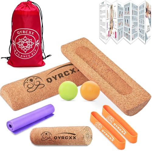 Cork 4-in-1 Balance Board Kit with Massage Roller & Ball, Toe Resistance Bands, Storage Bag & Exercise Guide - Plantar Fasciitis Recovery, Physical Therapy, Prevent Falls & Enhance Mobility