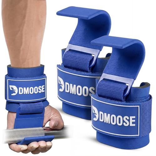 DMoose Fitness Weight Lifting Hooks (Pair) for Deadlifts, Pull Ups, Rows & Shrugs - Anti-Rip Nylon Strap Hand Grips with Thick Wrist Padding - Heavy Duty Wrist Straps for Weightlifting & Gym Workouts - color: All Blue