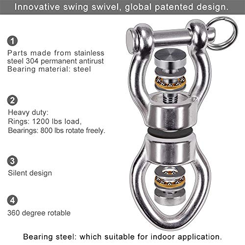 SELEWARE Silent Bearing Swing Swivel, 360° Rotational Device Hanging Accessory with Removeable Buckle for Tree Swing, Hammock Chair, Climbing Rope, Yoga, Kids Swing Swivel 1200LB Capacity - color: Swivel (D) Only