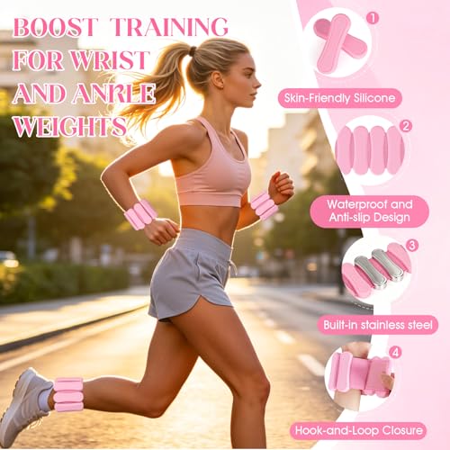 Ankle and Wrist Weights for Women & Men, Adjustable Leg & Arm Weights Set of 2 (1Lbs Each), Weighted Bangles Fits for Yoga, Pilates, Home Gym, Strength Training - color: Pink