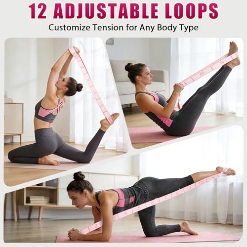 Fitness Resistance Bands with 12 Loops, Numbered Resistance Bands for Physical Therapy, Women Stretch Strap for Home Gym, Elastic Exercise Bands for Yoga, Pilates, Leg Stretching, Dance