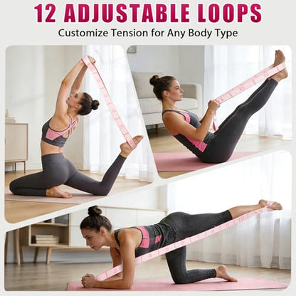 Fitness Resistance Bands with 12 Loops, Numbered Resistance Bands for Physical Therapy, Women Stretch Strap for Home Gym, Elastic Exercise Bands for Yoga, Pilates, Leg Stretching, Dance