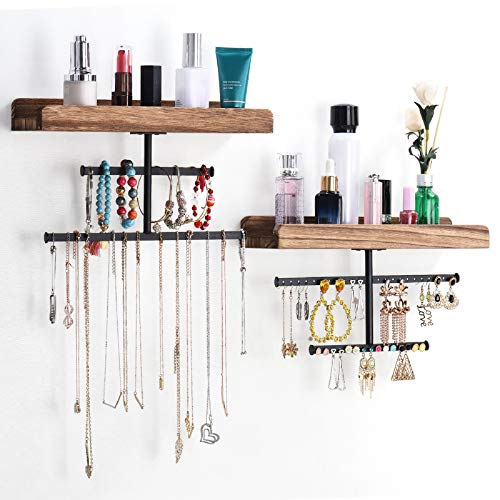 Hanging Wall Mounted Jewelry Organizer with Rustic Wood Jewelry Holder Display for Necklaces Bracelet Earrings Ring Set of 2 Carbonized Black,[Patented] - color: Carbonized Black