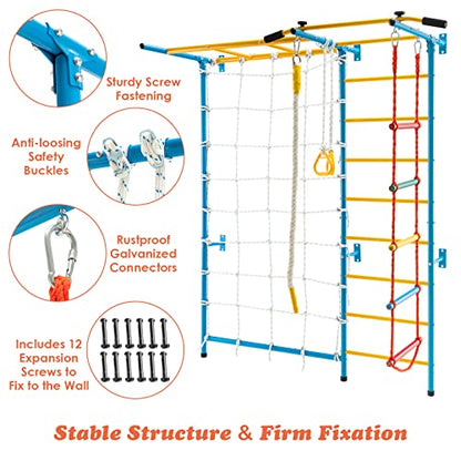 GLACER 7-in-1 Indoor Adventure Playground with Steel Frame, Monkey Bars & Gym Rings for Kids Aged 3+, Solid Wall Set up - style: 7 In 1