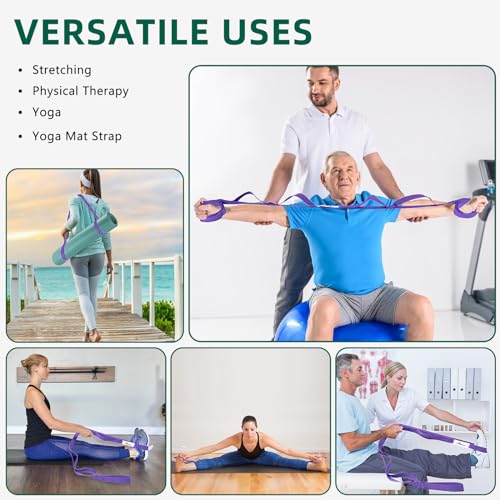 Stretching Strap Yoga Straps for Physical Therapy, 10 Loops Non-Elastic Stretch Band for Pilates, Flexibility, Exercise and Gymnastics - color: Purple