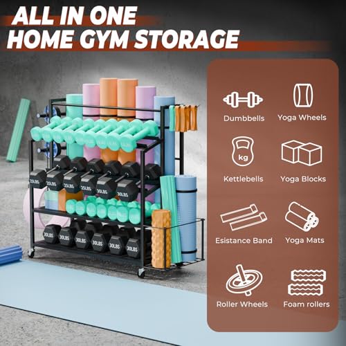 XL Dumbbell Rack Weight Stand - Upgraded 4-Tier Adjustable Weight Rack for Dumbbells, Home Gym Storage Rack for Yoga Mat Kettlebells, Workout Equipment Storage Organizer With Wheels and Hooks