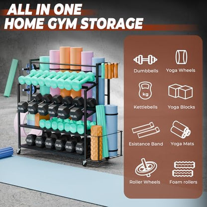 XL Dumbbell Rack Weight Stand - Upgraded 4-Tier Adjustable Weight Rack for Dumbbells, Home Gym Storage Rack for Yoga Mat Kettlebells, Workout Equipment Storage Organizer With Wheels and Hooks