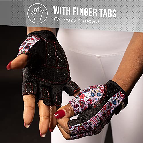 Contraband Pink Label 5237 Designer Series Workout Gloves for Women | Sugar Skull Print Weight Lifting Gloves for Women w/Grip-Lock Padding | Gym Gloves for Women w/Medium Padding (White, Large)
